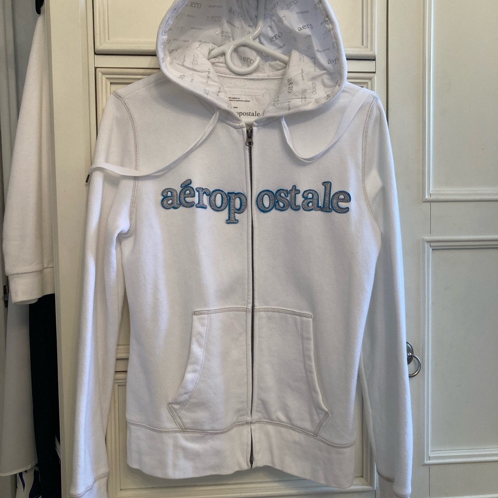 Aeropostale White Zip-Up Hoodie with Blue Embroidery